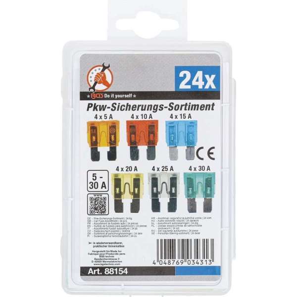 KRAFTMANN Assortiment Platte Autozekeringen - Universeel - 5 Amp tot 30 Amp - 24 stuks - BGS88154 KRAFTMANN Assortiment Platte Autozekeringen - Universeel - 5 Amp tot 30 Amp - 24 stuks - BGS88154