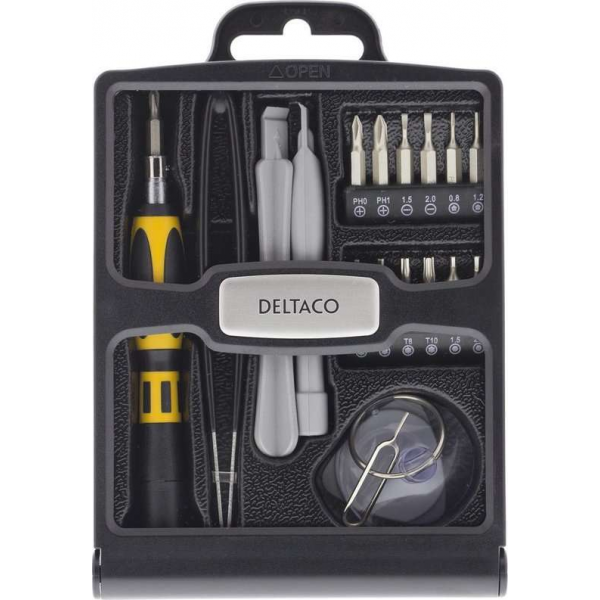 DELTACO VK-36 Gereedschapskit voor reparatie van tablets en smartphones, 20 delen, opbergdoos, zwart DELTACO VK-36 Gereedschapskit voor reparatie van tablets en smartphones, 20 delen, opbergdoos, zwart