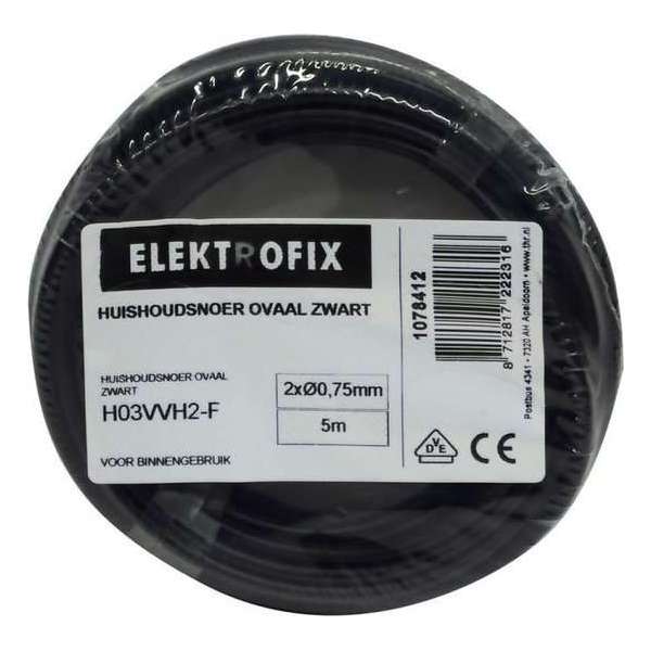 ELEKTROFIX huishoudsnoer | 2 x 0.75 mm² | 5 meter | belastbaar tot 1300 watt | zwart ELEKTROFIX huishoudsnoer | 2 x 0.75 mm² | 5 meter | belastbaar tot 1300 watt | zwart