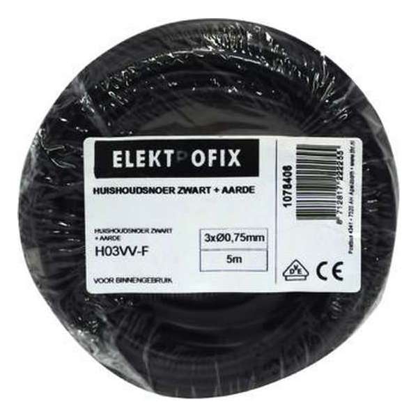 ELEKTROFIX geaard huishoudsnoer | 3 x 0.75 mm² | 5 meter | belastbaar tot 1300 watt | zwart ELEKTROFIX geaard huishoudsnoer | 3 x 0.75 mm² | 5 meter | belastbaar tot 1300 watt | zwart