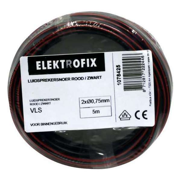 5 meter Elektrofix luidsprekersnoer rood/zwart, 2 x 0.75mm 5 meter Elektrofix luidsprekersnoer rood/zwart, 2 x 0.75mm