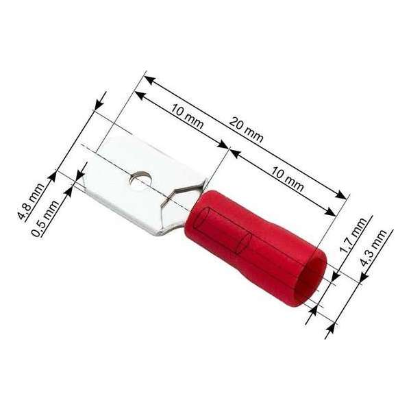 Kabelschoen Vlakstekker 100 stuks - Plat Rood - Insteekbreedte 4,8 mm Insteekdikte 0.5 mm Kabelschoen Vlakstekker 100 stuks - Plat Rood - Insteekbreedte 4,8 mm Insteekdikte 0.5 mm