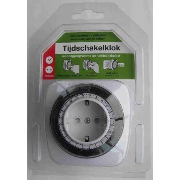 TBT analoge 24 uurs schakelklok vierkant contactdoos met randaarde 230 Volt 16 Ampère min. schakeltijd is 15 minuten TBT analoge 24 uurs schakelklok vierkant contactdoos met randaarde 230 Volt 16 Ampère min. schakeltijd is 15 minuten