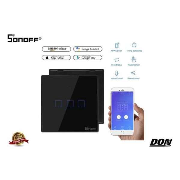 Sonoff - WiFi + RF - Drievoudige schakelaar - Zwart - Touchschakelaar - Glazen paneel - Geschikt voor Google home & Amazon Alexa Sonoff - WiFi + RF - Drievoudige schakelaar - Zwart - Touchschakelaar - Glazen paneel - Geschikt voor Google home & Amazon Alexa