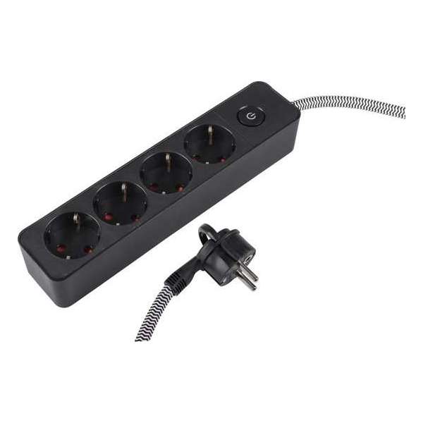 Q-Link Stekkerdoos met Schakelaar – 4 Stekkers – Textiel Verlengkabel- Platte Stekker – Randaarde – 1,5 meter – Zwart/Wit Q-Link Stekkerdoos met Schakelaar – 4 Stekkers – Textiel Verlengkabel- Platte Stekker – Randaarde – 1,5 meter – Zwart/Wit