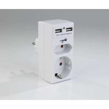 Heitech 2-wegs contactdoosadapter met 2 USB-oplaadpoorten