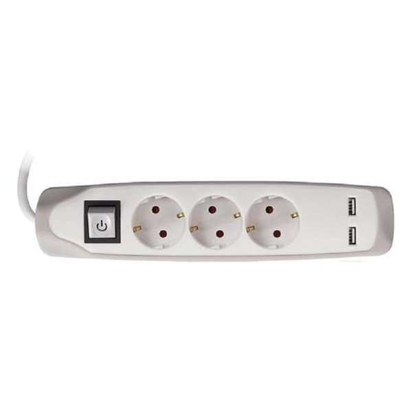 3-VOUDIGE STEKKERDOOS MET SCHAKELAAR - 2 USB-POORTEN - GRIJS/WIT - RANDAARDE 3-VOUDIGE STEKKERDOOS MET SCHAKELAAR - 2 USB-POORTEN - GRIJS/WIT - RANDAARDE