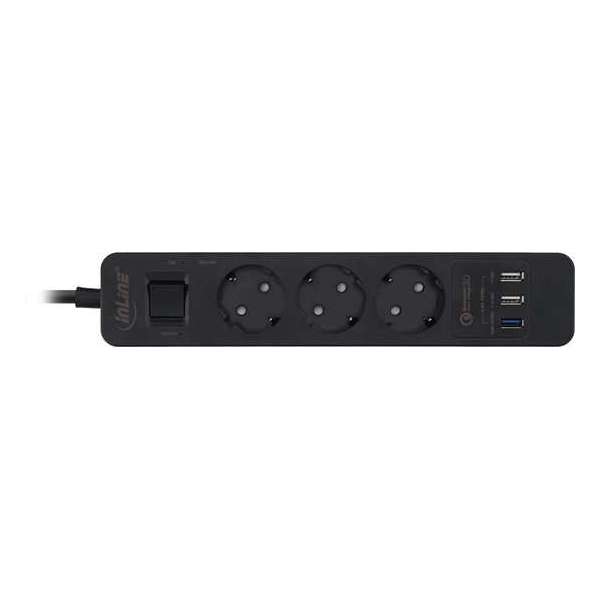InLine stekkerdoos met 3 contacten en 3x USB - Quick Charge 3.0 / zwart - 1,5 meter