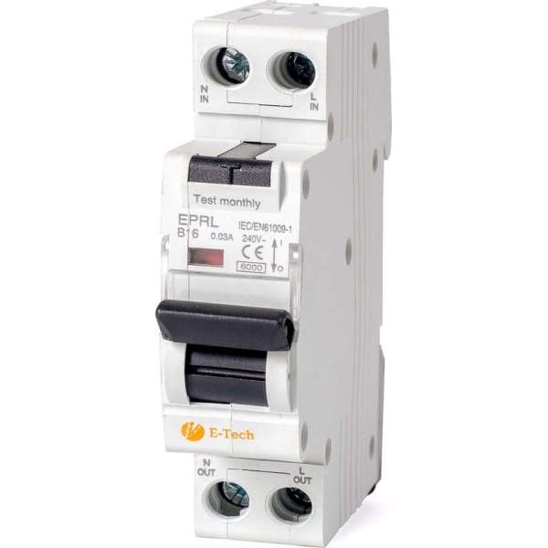 E-Tech Aardlekautomaat B 16A 30MA 1P+N E-Tech Aardlekautomaat B 16A 30MA 1P+N