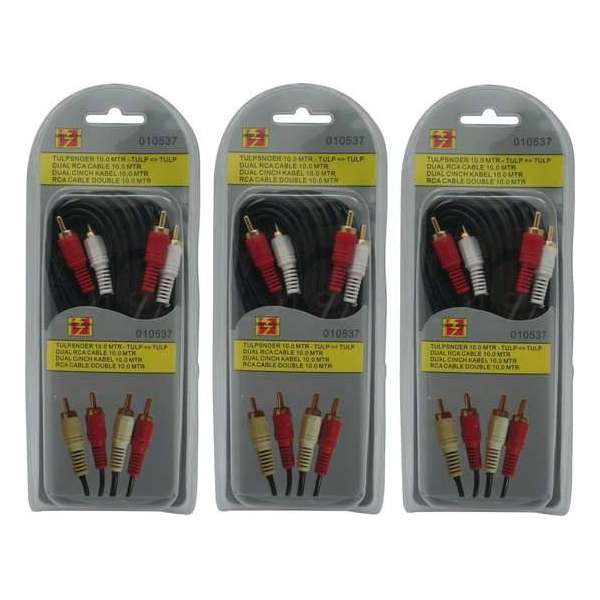 3x stuks tulpsnoer/RCA stekker audiokabel - 10 meter - Tulpstekkers / cinchstekkers / RCA kabels - Audio aansluitingen 3x stuks tulpsnoer/RCA stekker audiokabel - 10 meter - Tulpstekkers / cinchstekkers / RCA kabels - Audio aansluitingen