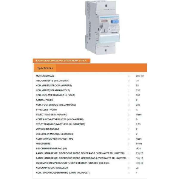 Hager aardlekschakelaar 2p 63a 300ma type a Hager aardlekschakelaar 2p 63a 300ma type a