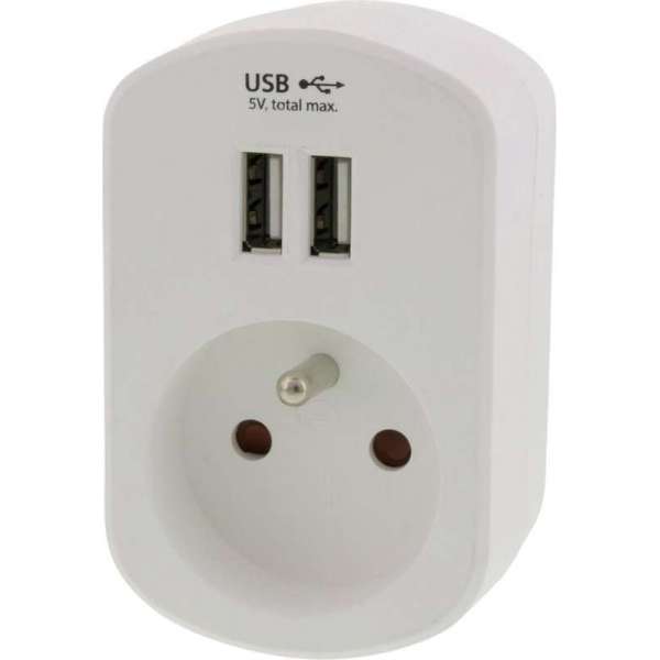 USB adapterstekker – type E – 2 x USB – 5V – 3.4A – wit USB adapterstekker – type E – 2 x USB – 5V – 3.4A – wit