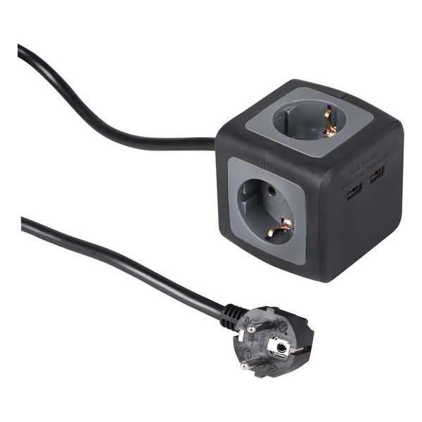 Q-Link stekkerdoos – 4–voudig – Powercube – randaarde – 2 x USB – 3 x 1.5 mm² – 1.5 m – zwart – grijs Q-Link stekkerdoos – 4–voudig – Powercube – randaarde – 2 x USB – 3 x 1.5 mm² – 1.5 m – zwart – grijs