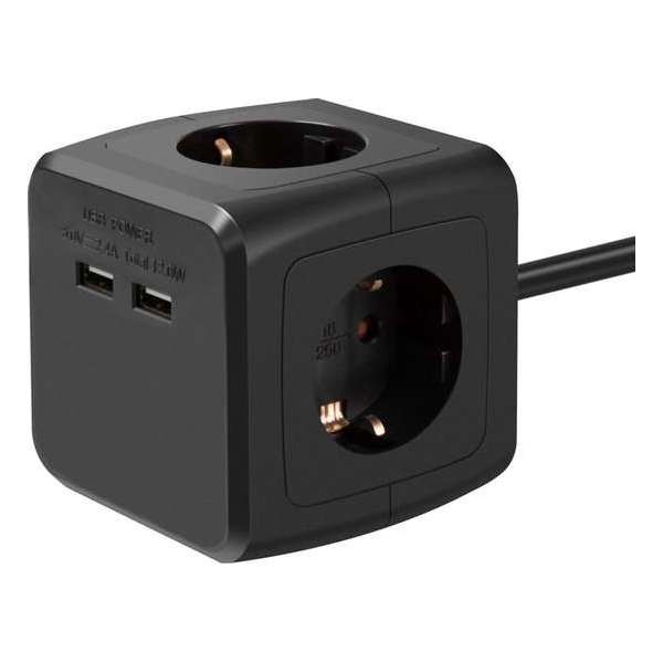Stekkerdoos | Schuko | 3 voudig | USB lader | 16 ampère | Cube | Bureau bevestiging | Zwart  | Allteq