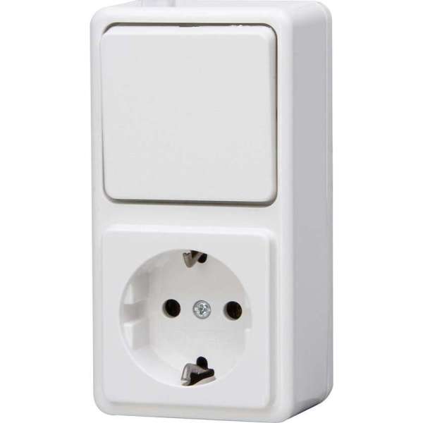 KOPP - Wandcontactdoos - Standard - Opbouw - 1-voudig Stopcontact - 1-voudig Wisselschakelaar - Randaarde - Arctic Glans Wit KOPP - Wandcontactdoos - Standard - Opbouw - 1-voudig Stopcontact - 1-voudig Wisselschakelaar - Randaarde - Arctic Glans Wit