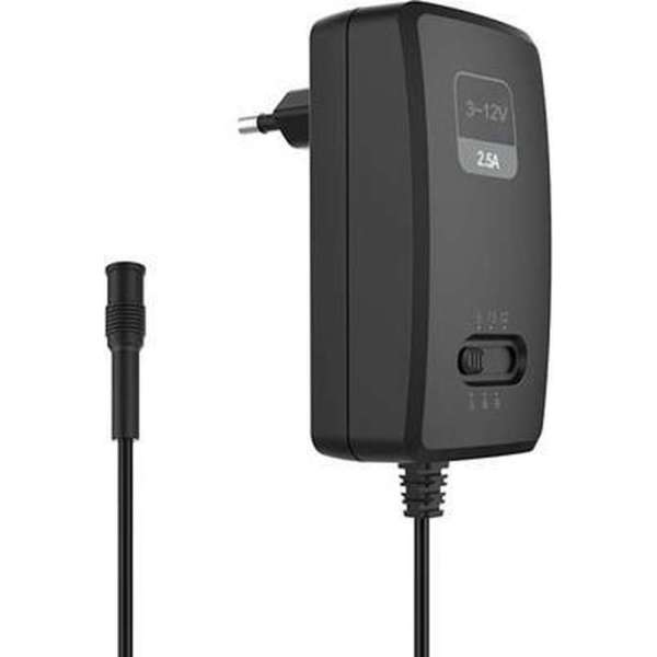 COMPACTE SCHAKELENDE VOEDING MET INSTELBARE UITGANG - 100-240 V - 3 tot 12 VDC - 2.5 A + 6 pluggen COMPACTE SCHAKELENDE VOEDING MET INSTELBARE UITGANG - 100-240 V - 3 tot 12 VDC - 2.5 A + 6 pluggen
