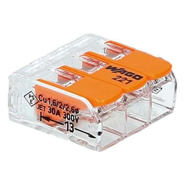 WAGO 221 Lasklem Flexibel: 0.5-6 mm² Massief: 0.5-6 mm² Aantal polen: 3 Transparant (30 stuks) WAGO 221 Lasklem Flexibel: 0.5-6 mm² Massief: 0.5-6 mm² Aantal polen: 3 Transparant (30 stuks)