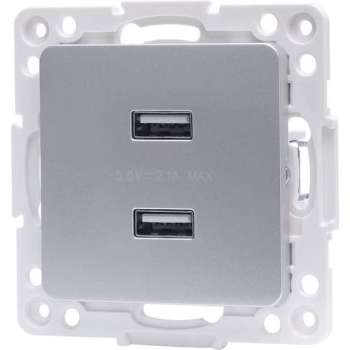 Wandcontactdoos - Aigi Jura - Inbouw - Vierkant - Kunststof - 2-voudig USB Aansluiting - Zilver