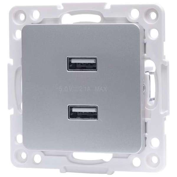 Wandcontactdoos - Aigi Jura - Inbouw - Vierkant - Kunststof - 2-voudig USB Aansluiting - Zilver Wandcontactdoos - Aigi Jura - Inbouw - Vierkant - Kunststof - 2-voudig USB Aansluiting - Zilver