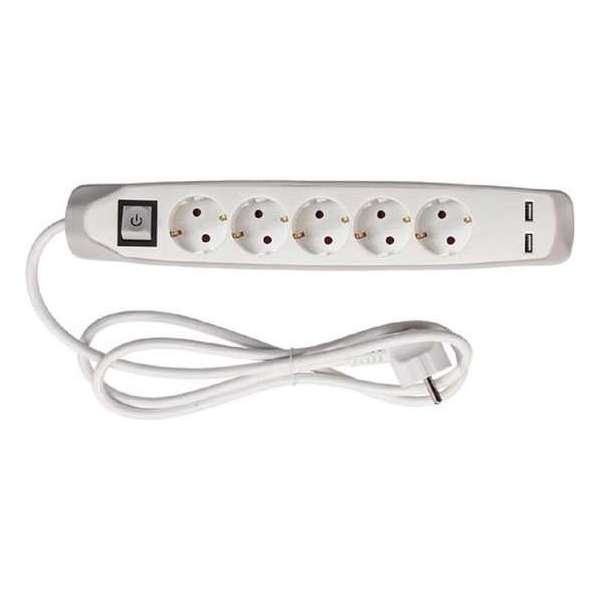 5-VOUDIGE STEKKERDOOS MET SCHAKELAAR - 2 USB-POORTEN - GRIJS/WIT - SCHUKO 5-VOUDIGE STEKKERDOOS MET SCHAKELAAR - 2 USB-POORTEN - GRIJS/WIT - SCHUKO