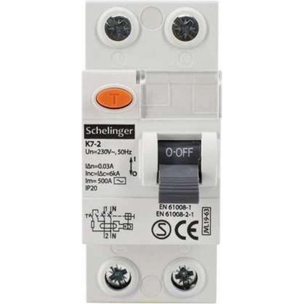 Schelinger - 2-Polig 25A 30mA AC - Aardlekschakelaar / Differentieelschakelaar / Verliesstroomschakelaar / Aardwachter Schelinger - 2-Polig 25A 30mA AC - Aardlekschakelaar / Differentieelschakelaar / Verliesstroomschakelaar / Aardwachter