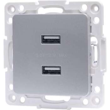 Wandcontactdoos - Aigi Jura - Inbouw - Vierkant - Kunststof - 2-voudig USB Aansluiting - Zilver - BSE