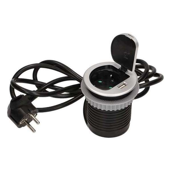 Inbouw bureau stopcontact met deksel en USB lader - zilver Inbouw bureau stopcontact met deksel en USB lader - zilver
