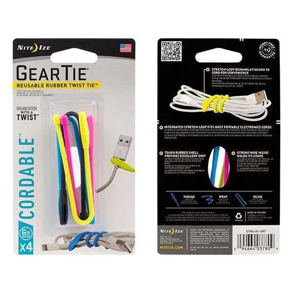 NITE IZE Gear Tie CORDABLE 6" - 4 PACK MIX COLOR NITE IZE Gear Tie CORDABLE 6" - 4 PACK MIX COLOR