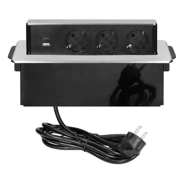 Pop-up inbouw stekkerdoos met 3 stopcontacten en USB-A + USB-C laadpunten - RVS afwerking - Randaarde Pop-up inbouw stekkerdoos met 3 stopcontacten en USB-A + USB-C laadpunten - RVS afwerking - Randaarde