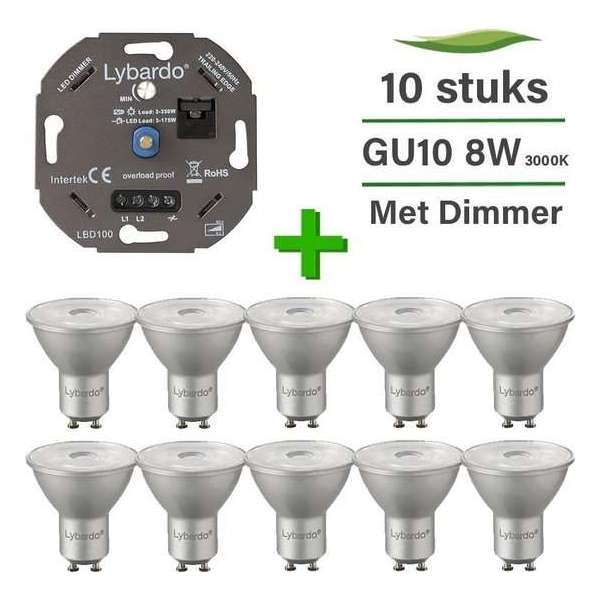 10 Pack Lybardo LED GU10 ITEC Dimbaar 8W 3000K + Lybardo ITEC 3-175W LED Dimmer Fase Afsnijding 10 Pack Lybardo LED GU10 ITEC Dimbaar 8W 3000K + Lybardo ITEC 3-175W LED Dimmer Fase Afsnijding