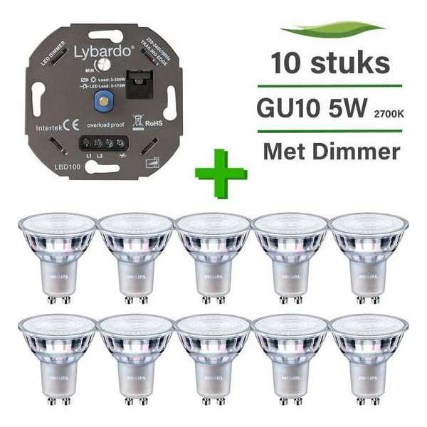 10 Pack Philips CorePro LED GU10 Dimbaar 5W 2700K + Lybardo ITEC 3-175W LED Dimmer Fase Afsnijding 10 Pack Philips CorePro LED GU10 Dimbaar 5W 2700K + Lybardo ITEC 3-175W LED Dimmer Fase Afsnijding