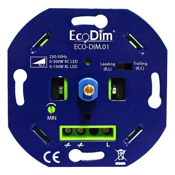 EcoDim - LED Dimmer - ECO-DIM.01 - Fase Aan- en Afsnijding RLC - Inbouw - Enkel Knop - 0-300W - BSE