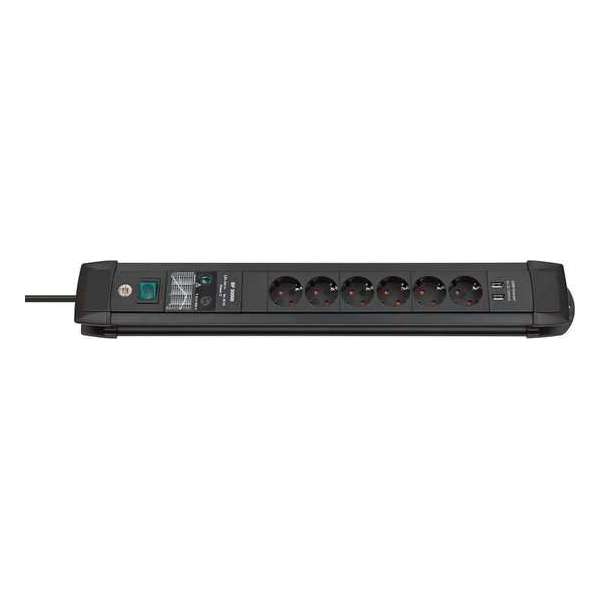 Brennenstuhl Premium-Line stekkerdoos met 6 contacten, 2x USB en overspanningsbeveiliging / zwart - 3 meter