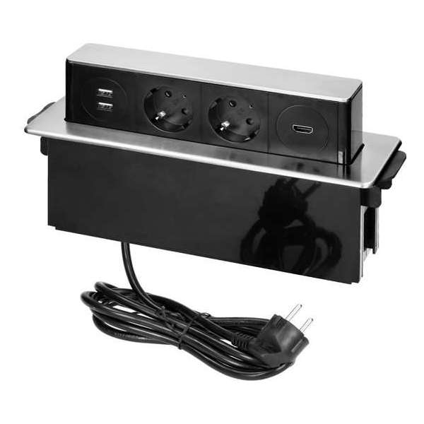 Pop-up inbouw stekkerdoos met 2 stopcontacten en 2 USB laadpunten - HDMI 2.0 doorvoer - RVS afwerking - Randaarde Pop-up inbouw stekkerdoos met 2 stopcontacten en 2 USB laadpunten - HDMI 2.0 doorvoer - RVS afwerking - Randaarde