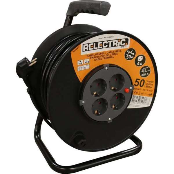 Relectric Kabelhaspel – 50m – 4 stopcontacten – Met oprolknop - Randaarde - RELEC492183 Relectric Kabelhaspel – 50m – 4 stopcontacten – Met oprolknop - Randaarde - RELEC492183