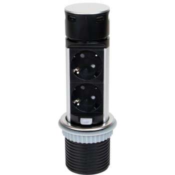 Emuca Vertikal Push60 multi connector, 2 stekkers en 2 USB, inbouw, met push, met Schuko-contacten, Staal en Kunststof, inox