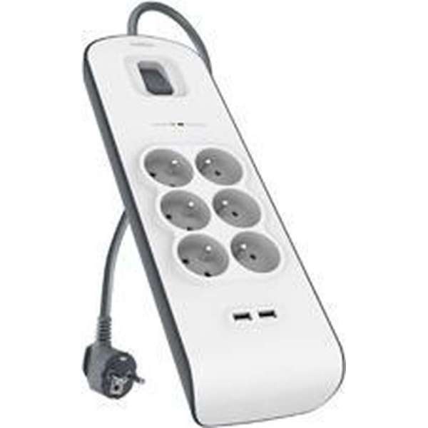 Belkin Stekkerdoos met 6 uitgangen en 2 USB-poorten 2.4A - overspanningsbeveiliging (Franse aansluiting) Belkin Stekkerdoos met 6 uitgangen en 2 USB-poorten 2.4A - overspanningsbeveiliging (Franse aansluiting)