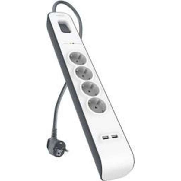 Belkin Stekkerdoos met 4 uitgangen en 2 USB poorten 2.4A - overspanningsbeveiliging (Franse aansluiting) Belkin Stekkerdoos met 4 uitgangen en 2 USB poorten 2.4A - overspanningsbeveiliging (Franse aansluiting)