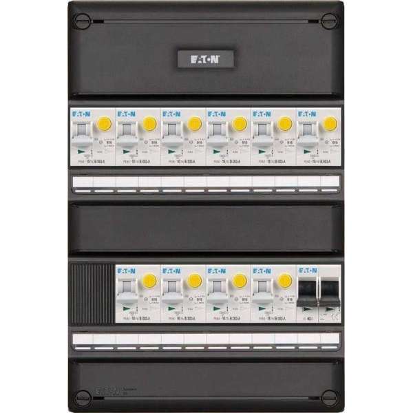 Eaton groepenkast, 10 aardlekautomaten, 1 hoofdschakelaar 2P Eaton groepenkast, 10 aardlekautomaten, 1 hoofdschakelaar 2P