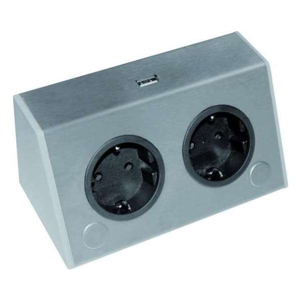 Stekkerdoos roestvrij staal 2x stopcontact en usb lader Stekkerdoos roestvrij staal 2x stopcontact en usb lader