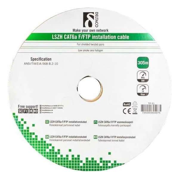 Deltaco FFTP Kabel Cat6a Halogeenvrij 305m Grijs LSZH Deltaco FFTP Kabel Cat6a Halogeenvrij 305m Grijs LSZH