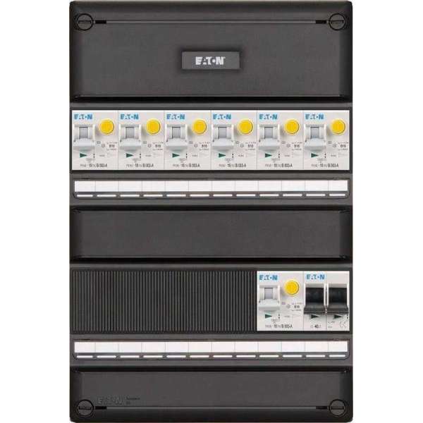 Eaton groepenkast, 7 aardlekautomaten, 1 hoofdschakelaar 2P Eaton groepenkast, 7 aardlekautomaten, 1 hoofdschakelaar 2P