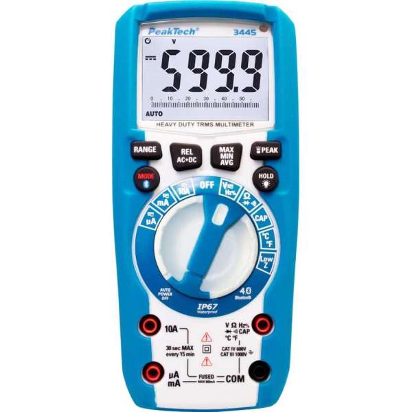 Peaktech 3445: Digitale multimeter ~ 6.000 counts ~ 1000V AC / DC ~ TrueRMS, Bluetooth, IP67 met verlichte functieknoppen Peaktech 3445: Digitale multimeter ~ 6.000 counts ~ 1000V AC / DC ~ TrueRMS, Bluetooth, IP67 met verlichte functieknoppen