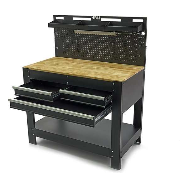 HBM 115 Cm. werkbank met houten werkblad, achterwand, LED verlichting, 20 haken en 3 opbergbakken HBM 115 Cm. werkbank met houten werkblad, achterwand, LED verlichting, 20 haken en 3 opbergbakken