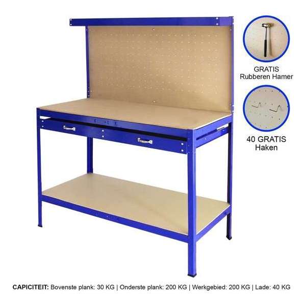 Q-rax Werkbank met achterwand + lade - Blauw - 120x60x155 cm - Inclusief 40 haken - werktafel workmate Q-rax Werkbank met achterwand + lade - Blauw - 120x60x155 cm - Inclusief 40 haken - werktafel workmate