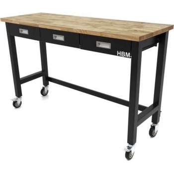 Professionele 152 Cm Verrijdbare Werkbank Met 3 Laden en Massief Houten Werkblad