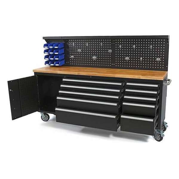 215 CM. Gereedschapswagen / Werkbank met Houten Werkblad incl Achterwand 215 CM. Gereedschapswagen / Werkbank met Houten Werkblad incl Achterwand