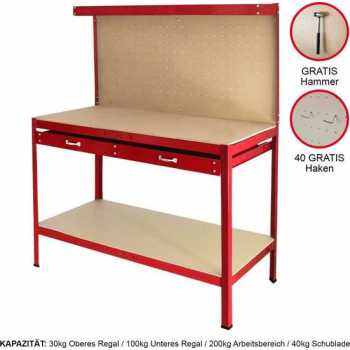 Q-rax Werkbank met achterwand + lade - Rood - 120x60x155 cm - Inclusief 40 haken - werktafel workmate