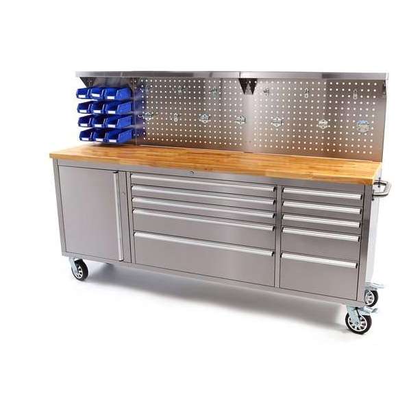 HBM 215 Cm. Gereedschapswagen / Werkbank met Houten Werkblad incl Achterwand