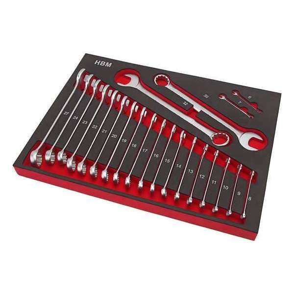 HBM Professionele 22 Delige Ring - Steeksleutelset Foam Inlay voor HBM Gereedschapswagen HBM Professionele 22 Delige Ring - Steeksleutelset Foam Inlay voor HBM Gereedschapswagen